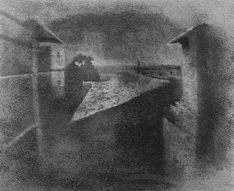 Earliest surviving photograph of a real-world scene, made in 1827, using a camera obscura by Niepce